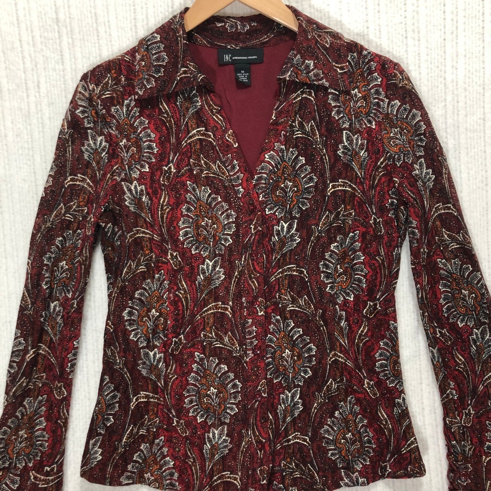INC International Concepts Paisley Button Down‎ Top Blouse Career Women's Size M